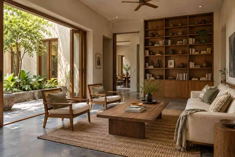 AI-generated living room design concept: library wall living, courtyard modern direction