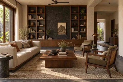 AI-generated living room design concept: library wall living, deccan stone direction