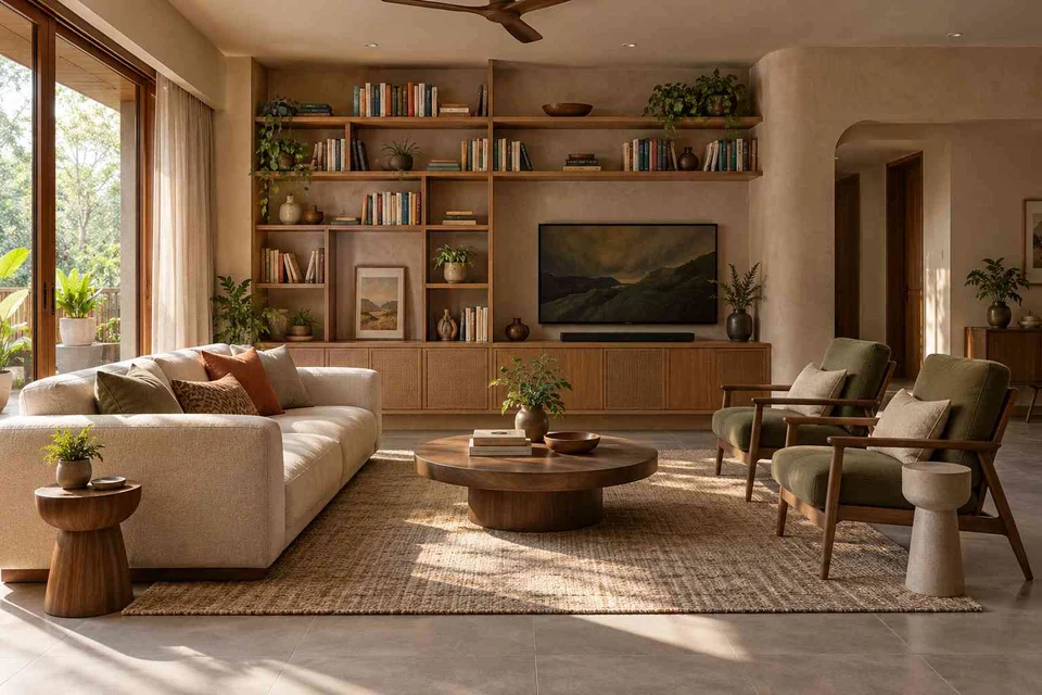 AI-generated living room design concept: library wall living, earth and bamboo direction
