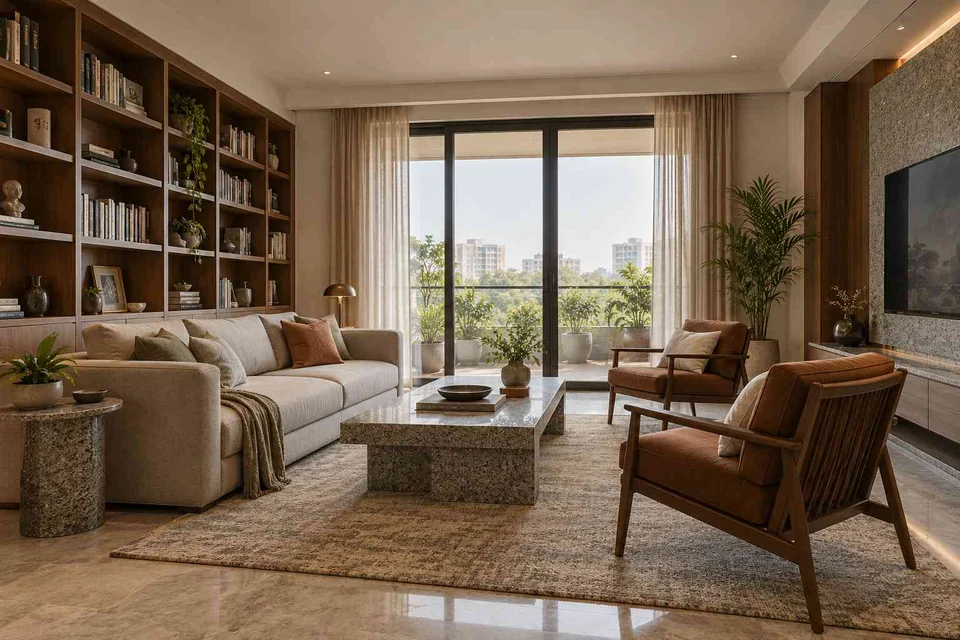 AI-generated living room design concept: library wall living, granite precision direction
