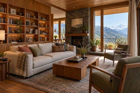 AI-generated living room design concept: library wall living, hill timber direction