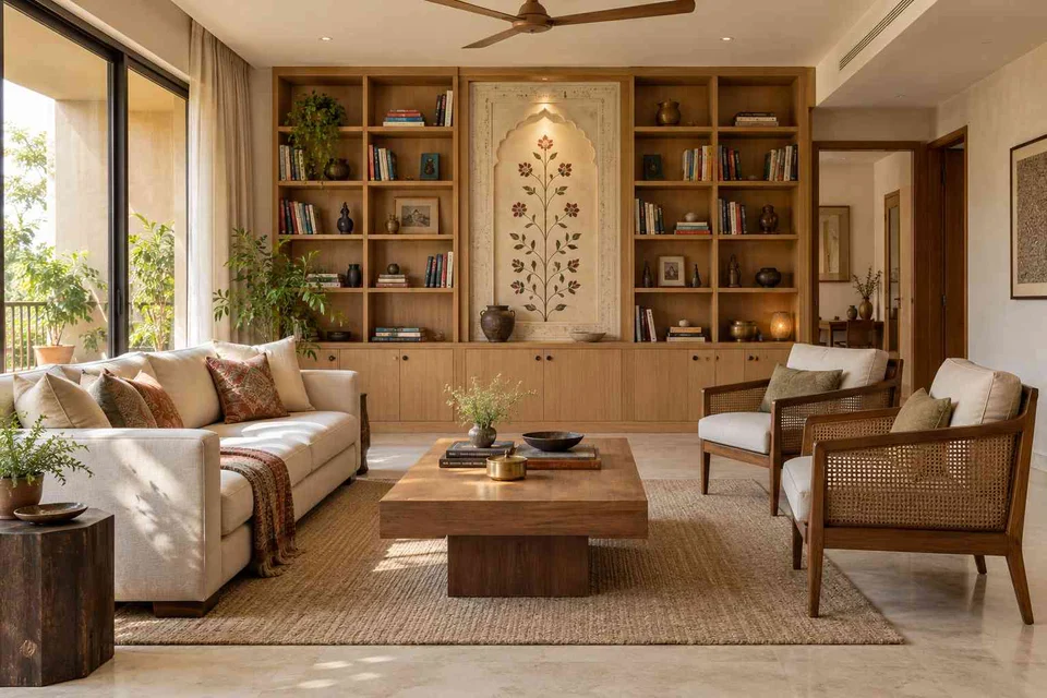 AI-generated living room design concept: library wall living, inlay atelier direction