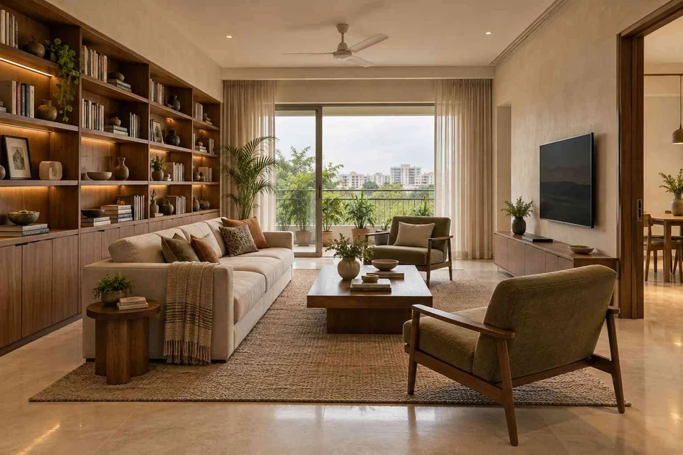 AI-generated living room design concept: library wall living, lime and walnut direction