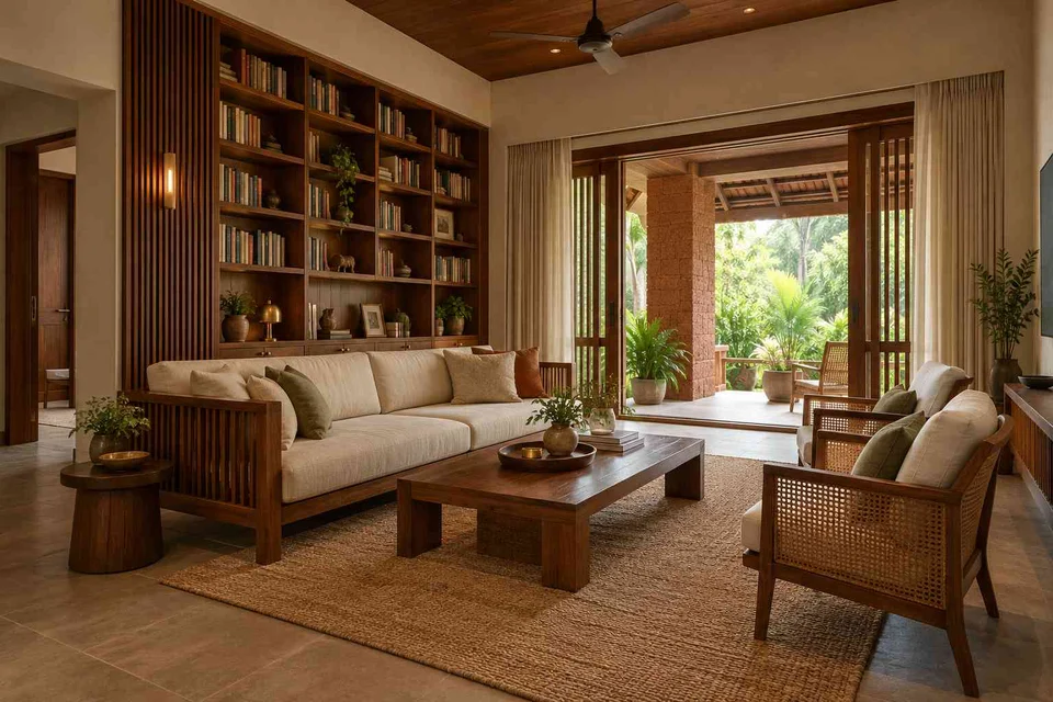AI-generated living room design concept: library wall living, malabar timber direction