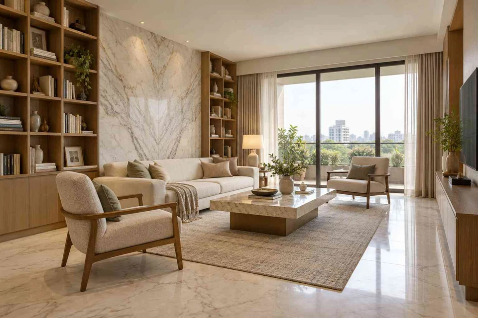 AI-generated living room design concept: library wall living, marble restraint direction