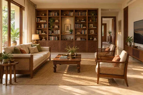 AI-generated living room design concept: library wall living, modern carved direction