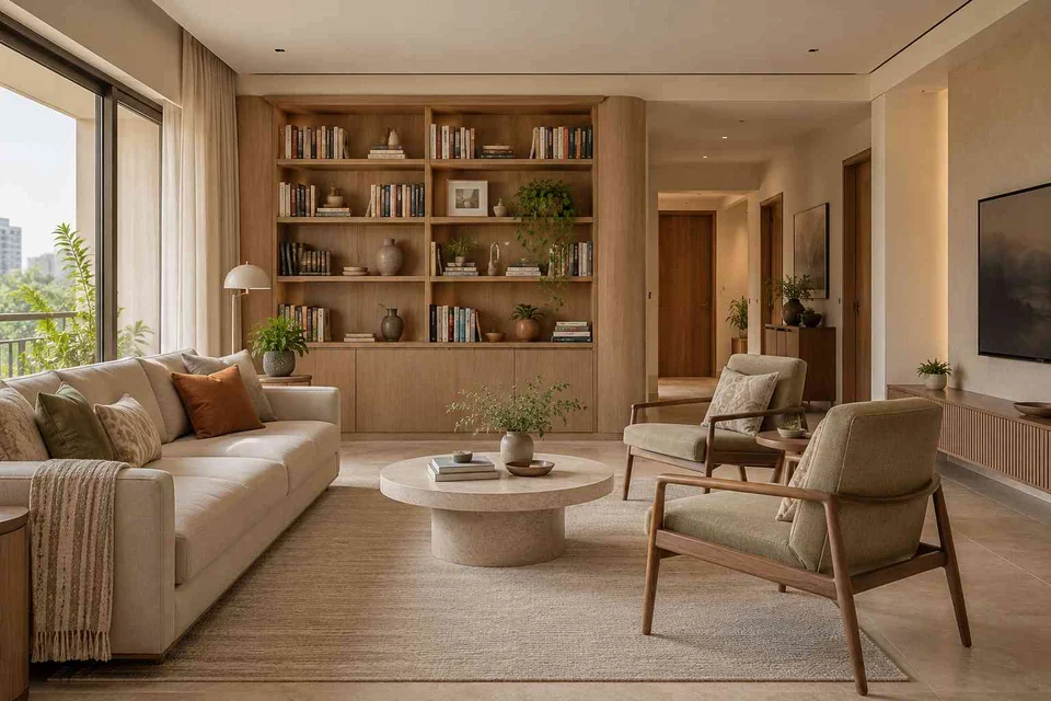 AI-generated living room design concept: library wall living, quiet contemporary direction