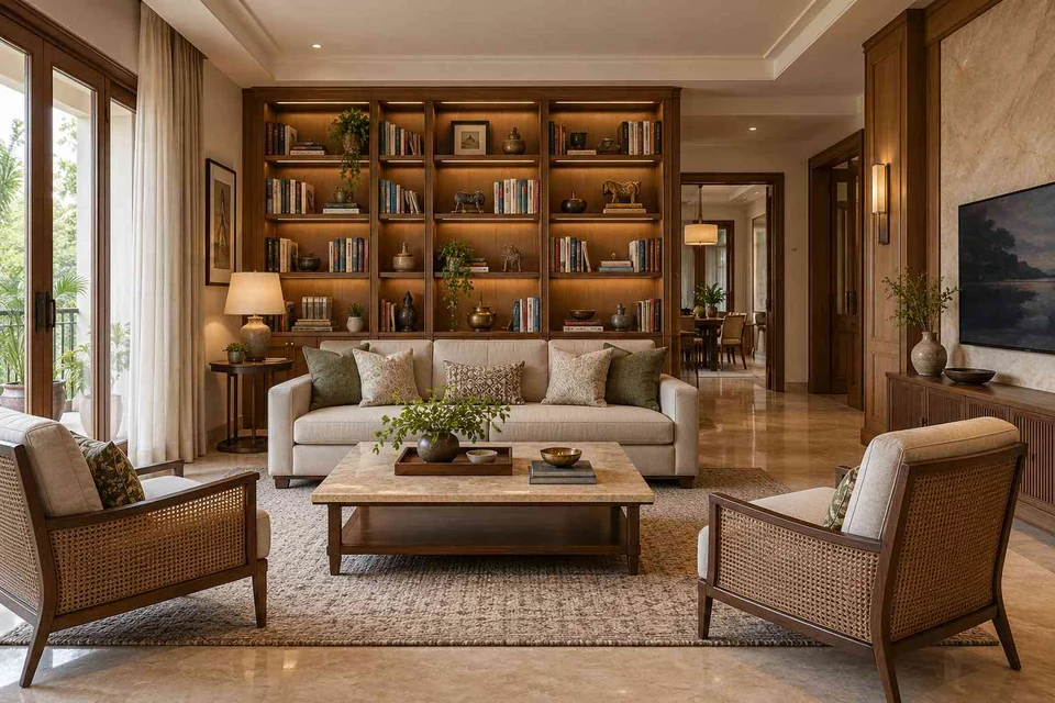 AI-generated living room design concept: library wall living, quiet transitional direction