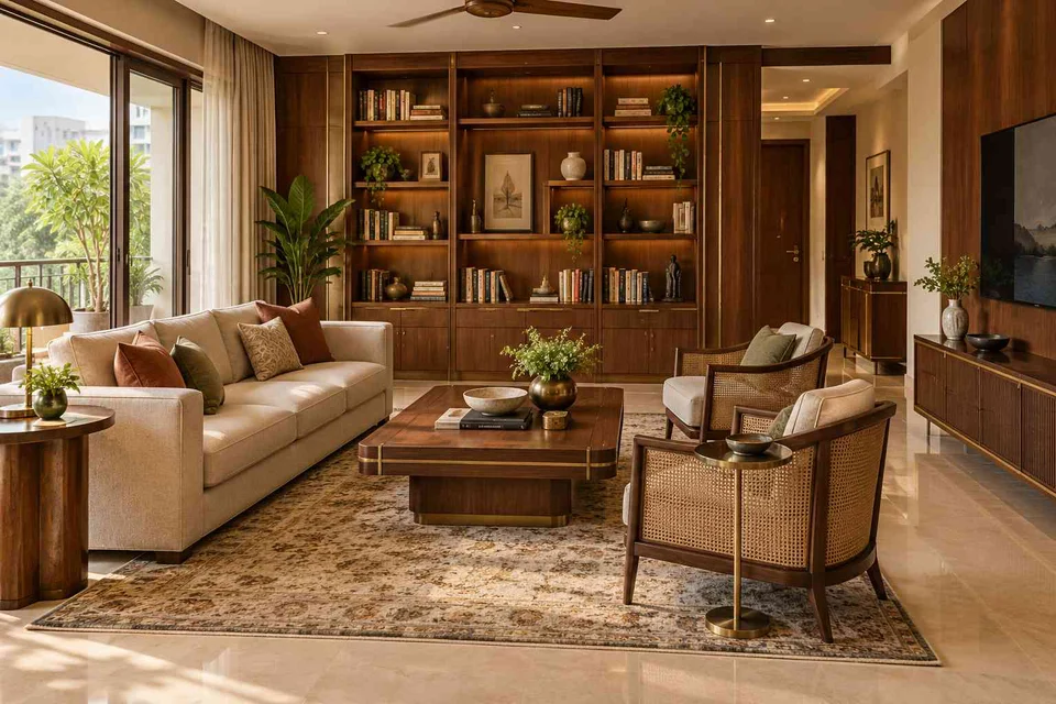 AI-generated living room design concept: library wall living, rosewood brass direction
