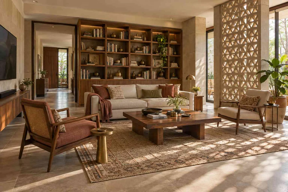 AI-generated living room design concept: library wall living, sandstone lattice direction
