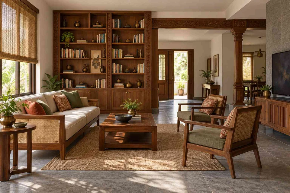 AI-generated living room design concept: library wall living, teak craft direction