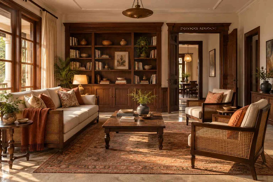 AI-generated living room design concept: library wall living, terracotta heritage direction