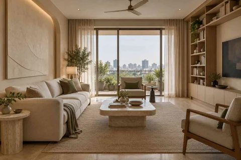 AI-generated living room design concept: library wall living, textured mineral direction