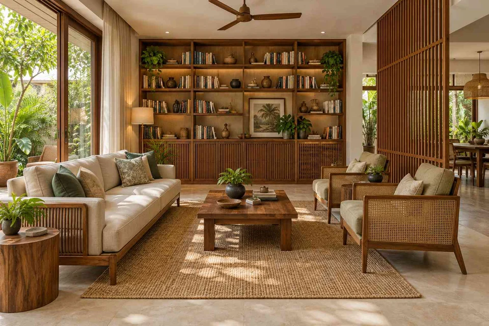 AI-generated living room design concept: library wall living, tropical slatted direction