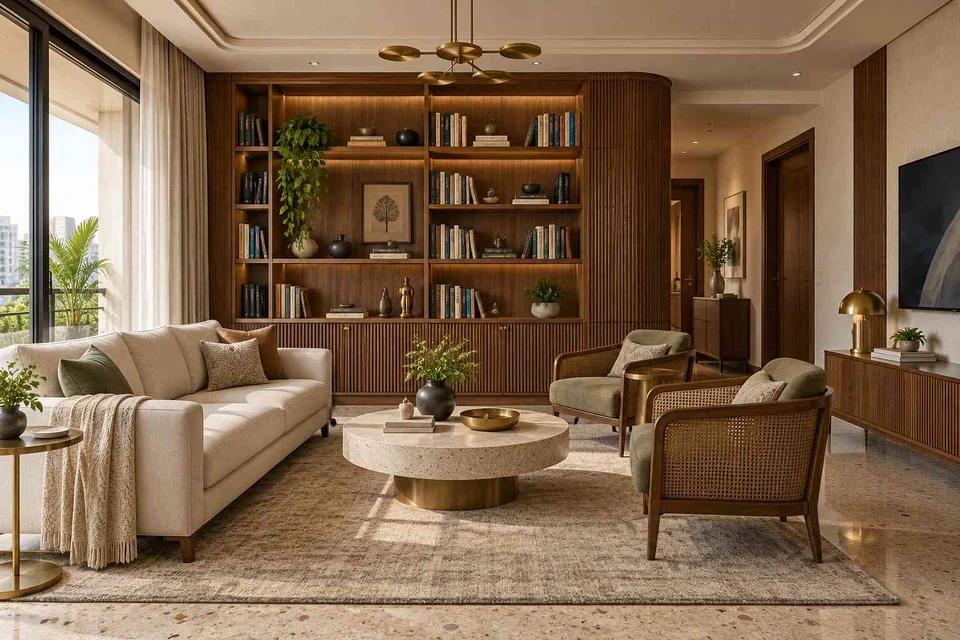 AI-generated living room design concept: library wall living, urban deco direction