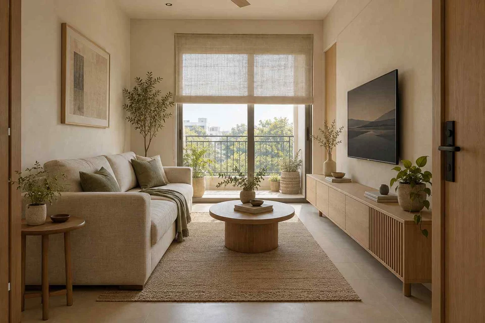 AI-generated living room design concept: linear sofa apartment, ash and linen direction