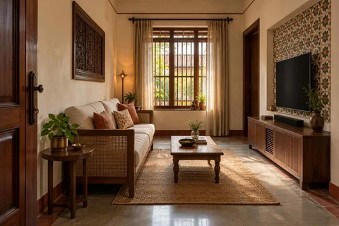 AI-generated living room design concept: linear sofa apartment, chettinad tile direction
