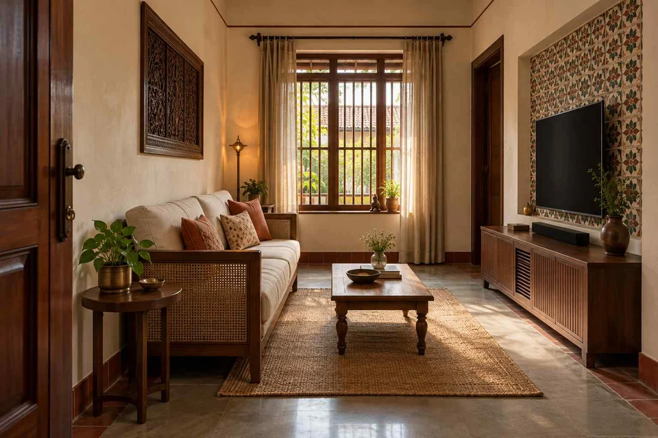 AI-generated living room design concept: linear sofa apartment, chettinad tile direction