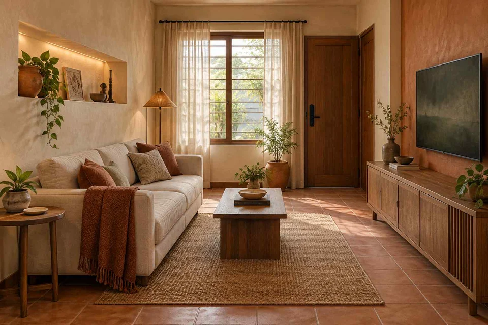 AI-generated living room design concept: linear sofa apartment, clay artisan direction