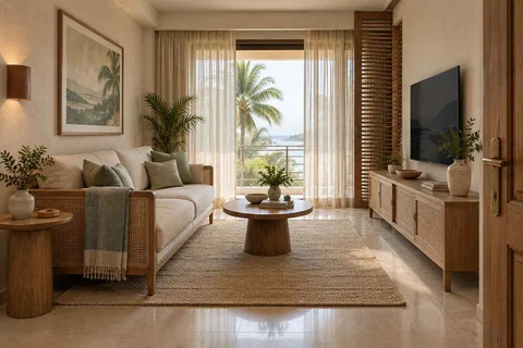 AI-generated living room design concept: linear sofa apartment, coastal woven direction