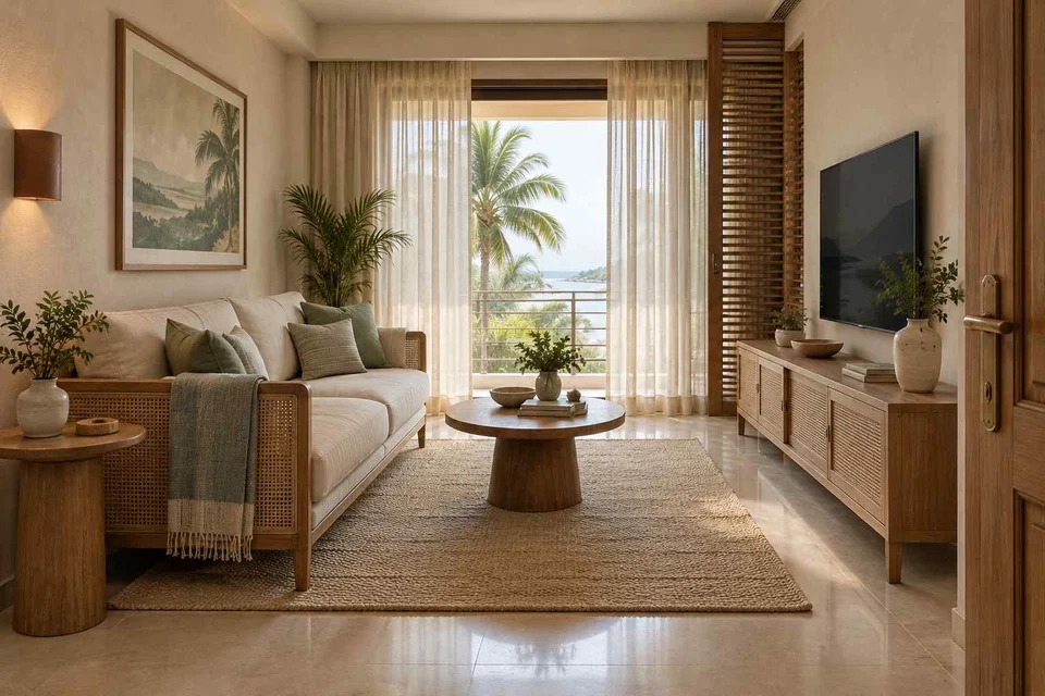 AI-generated living room design concept: linear sofa apartment, coastal woven direction