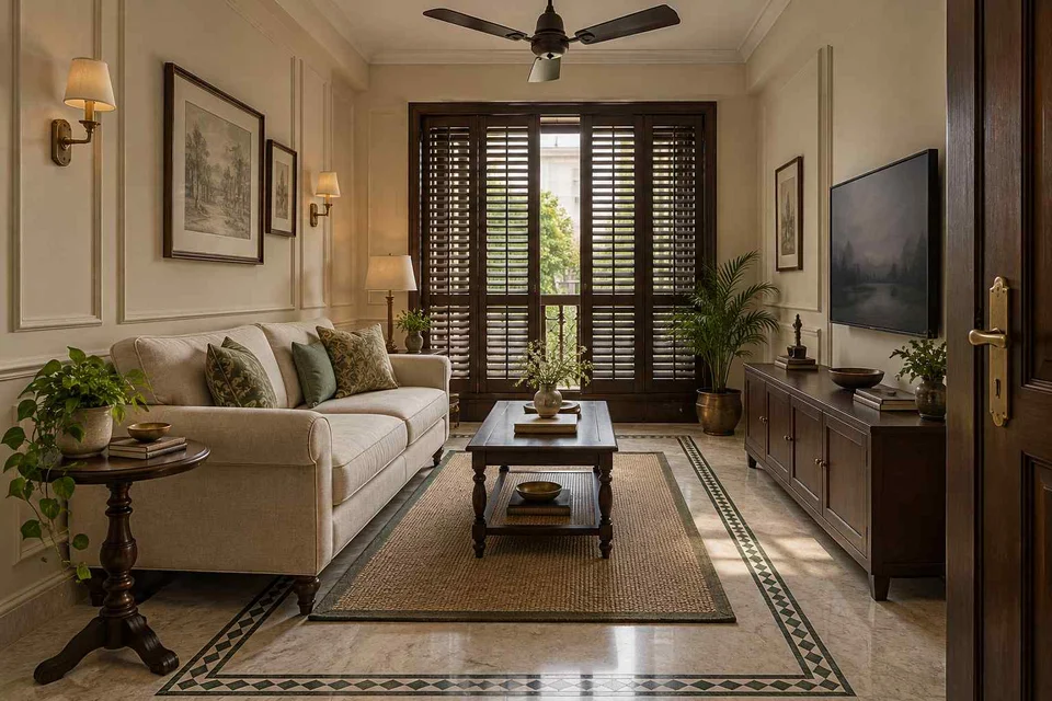 AI-generated living room design concept: linear sofa apartment, colonial quiet direction