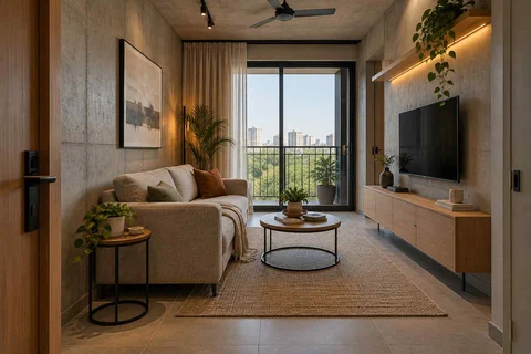 AI-generated living room design concept: linear sofa apartment, concrete and oak direction