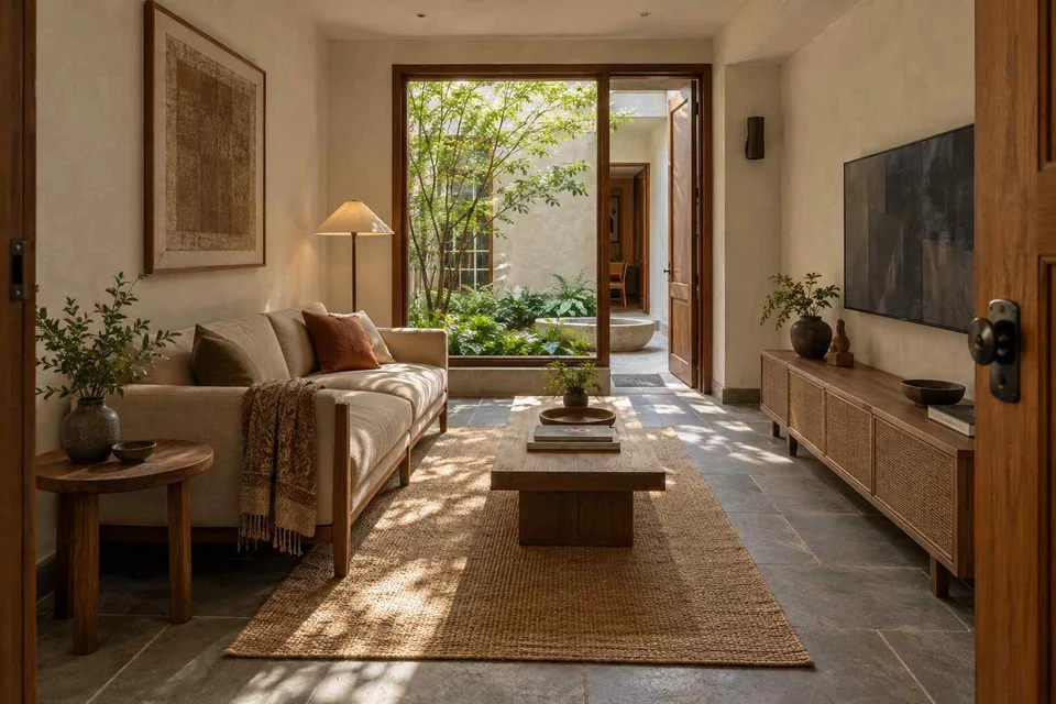 AI-generated living room design concept: linear sofa apartment, courtyard modern direction