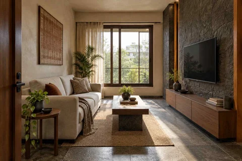 AI-generated living room design concept: linear sofa apartment, deccan stone direction