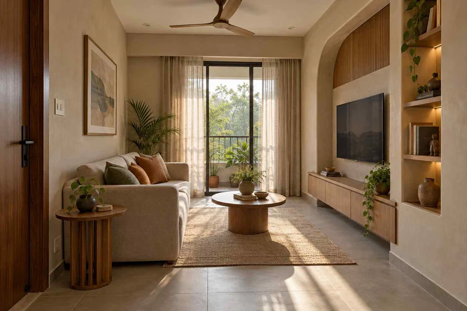 AI-generated living room design concept: linear sofa apartment, earth and bamboo direction