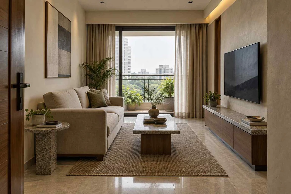 AI-generated living room design concept: linear sofa apartment, granite precision direction