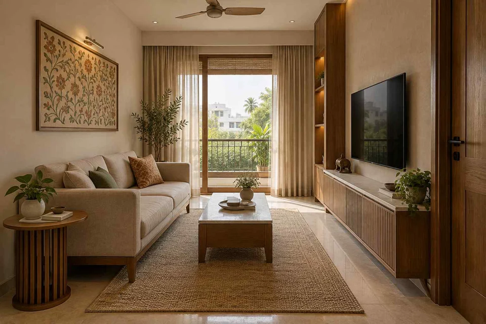 AI-generated living room design concept: linear sofa apartment, inlay atelier direction