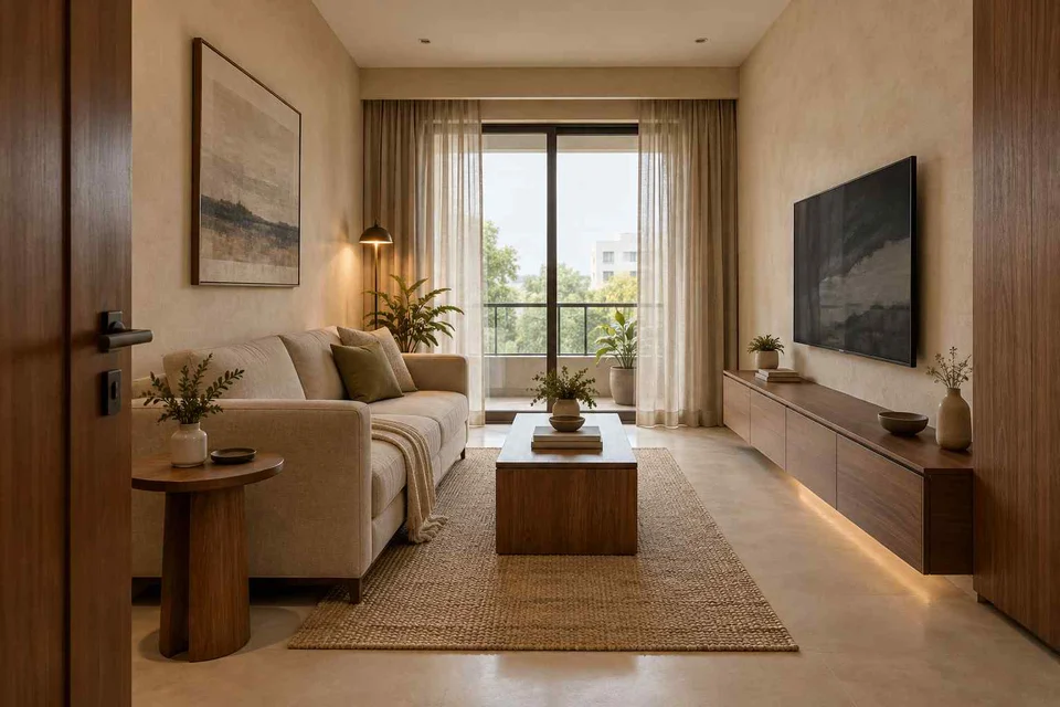AI-generated living room design concept: linear sofa apartment, lime and walnut direction