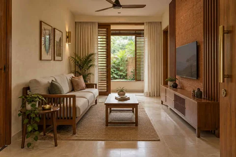 AI-generated living room design concept: linear sofa apartment, malabar timber direction