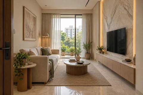 AI-generated living room design concept: linear sofa apartment, marble restraint direction