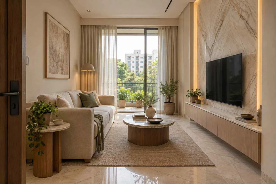 AI-generated living room design concept: linear sofa apartment, marble restraint direction