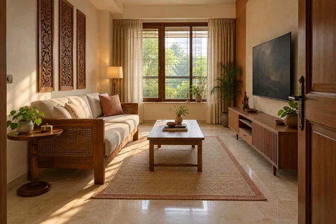 AI-generated living room design concept: linear sofa apartment, modern carved direction