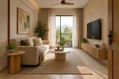 AI-generated living room design concept: linear sofa apartment, quiet contemporary direction