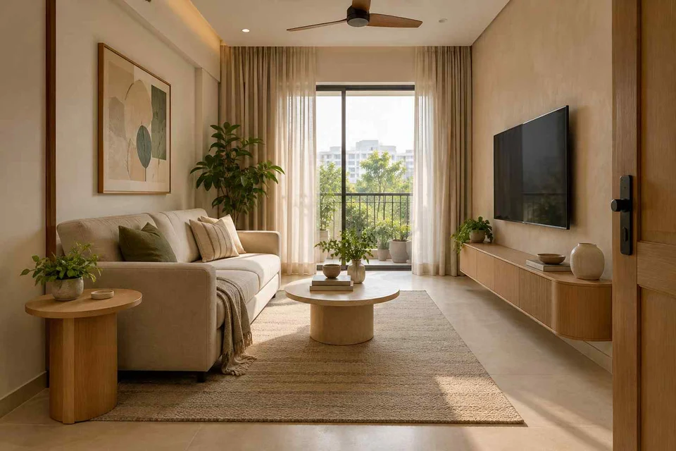 AI-generated living room design concept: linear sofa apartment, quiet contemporary direction