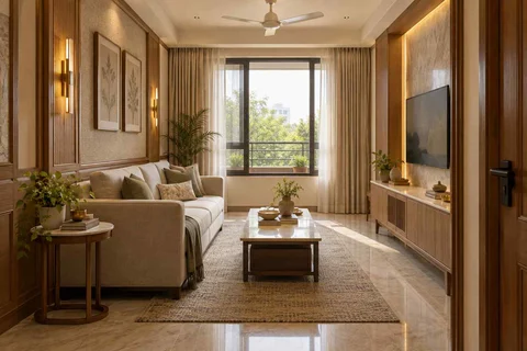 AI-generated living room design concept: linear sofa apartment, quiet transitional direction