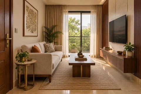 AI-generated living room design concept: linear sofa apartment, rosewood brass direction