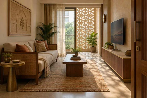 AI-generated living room design concept: linear sofa apartment, sandstone lattice direction