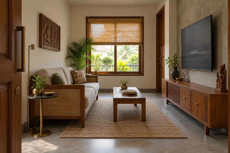 AI-generated living room design concept: linear sofa apartment, teak craft direction