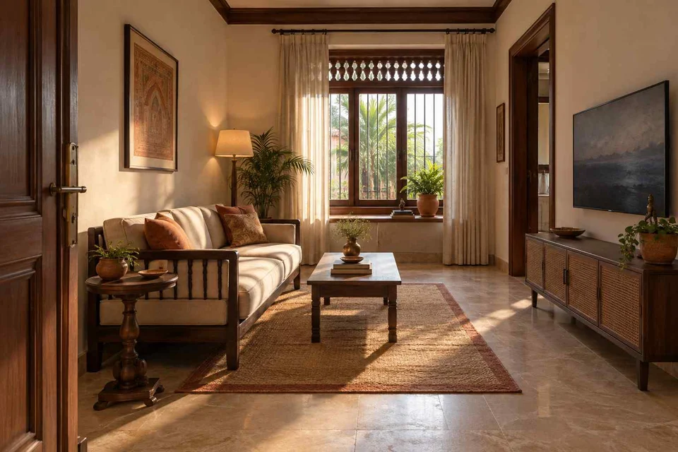 AI-generated living room design concept: linear sofa apartment, terracotta heritage direction