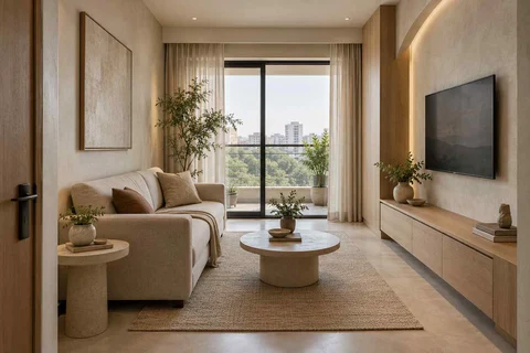 AI-generated living room design concept: linear sofa apartment, textured mineral direction