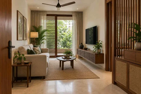 AI-generated living room design concept: linear sofa apartment, tropical slatted direction