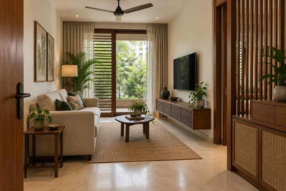 AI-generated living room design concept: linear sofa apartment, tropical slatted direction