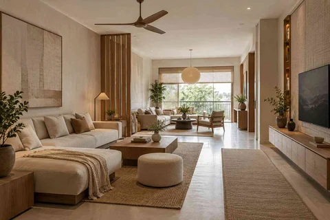 AI-generated living room design concept: long house living gallery, ash and linen direction