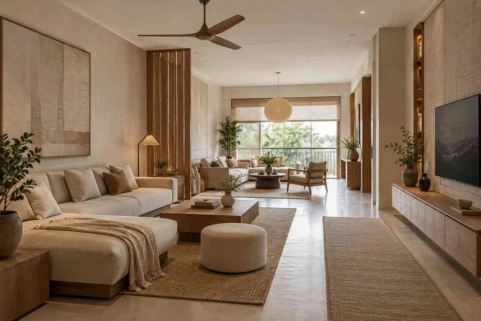 AI-generated living room design concept: long house living gallery, ash and linen direction