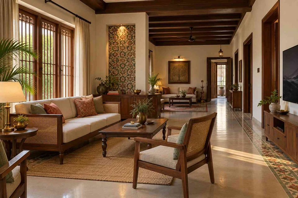AI-generated living room design concept: long house living gallery, chettinad tile direction